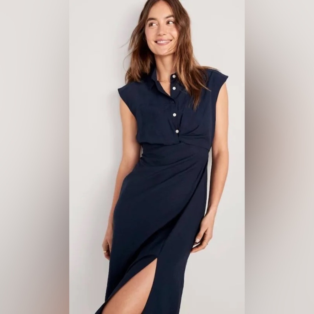 Old Navy Waist-Defined Twist-Front Midi Shirt Dress in Navy Women’s Size L